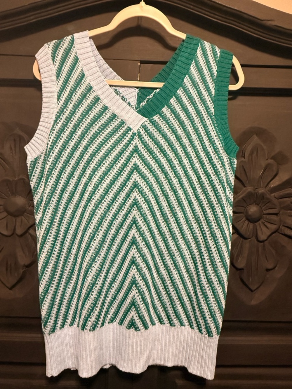 Striped V-Neck Knit Sweater Vest in Green & Light Blue